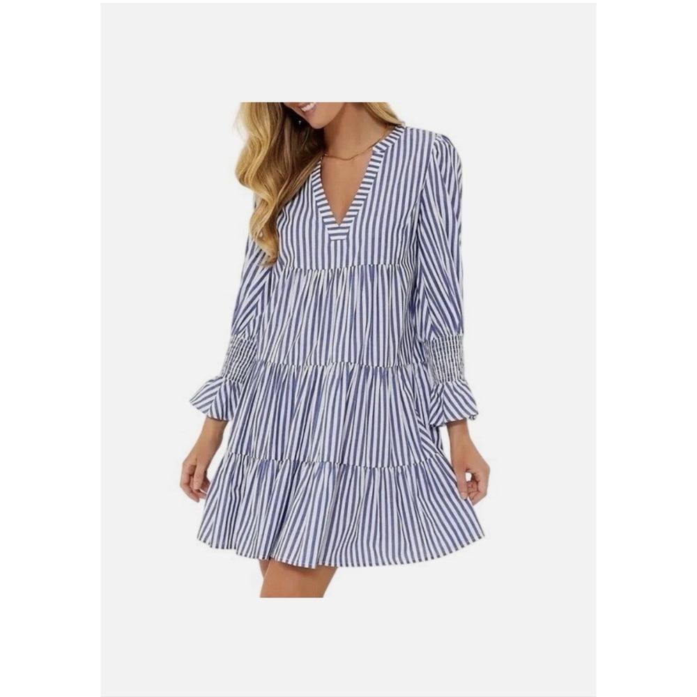 Pomander Place By Tuckernuck Kenzo Mini Dress Blue White Stripe Tiered - Large